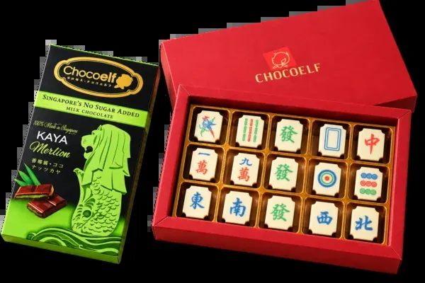 The CHOCOELF Merlion Kaya bar and mahjong chocolate box
